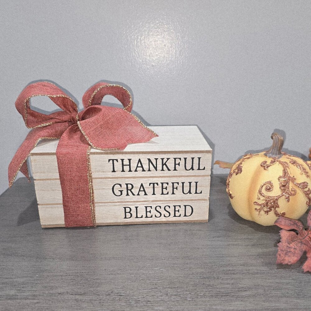 Rustic Farmhouse “Thankful, Grateful, Blessed” Wood Block Decor